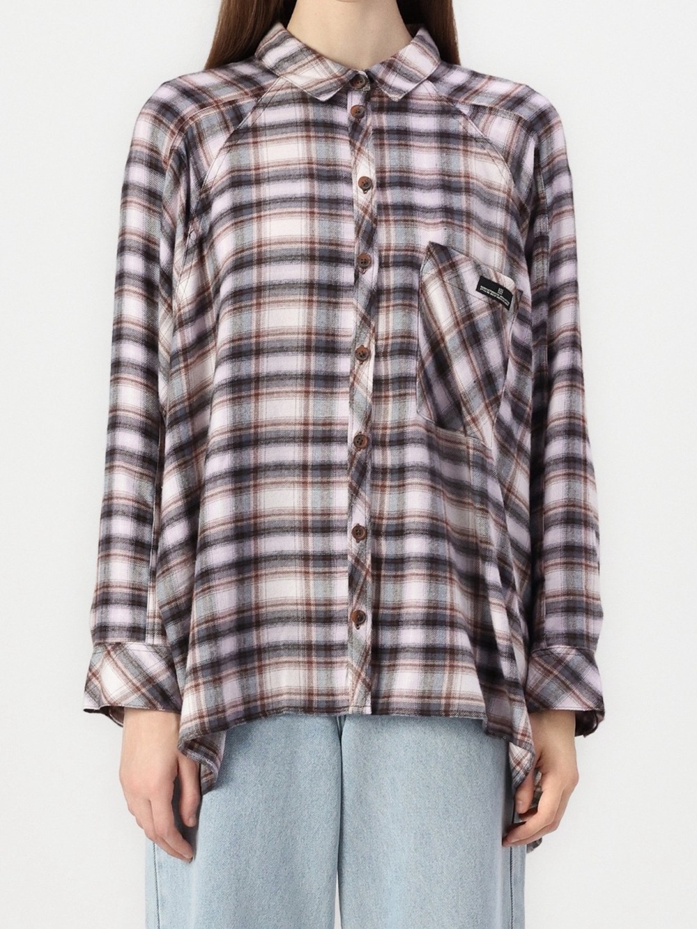 BDG UO Brendon Plaid High Low Hem Button Up Shirt XS Urban Outfitters Black Tan